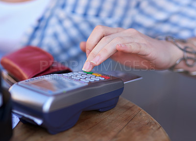 Buy stock photo Machine, hand and credit card for payment, ecommerce and password with client in store. Technology, typing and debit for fintech, startup business and digital banking for person with rfid sale