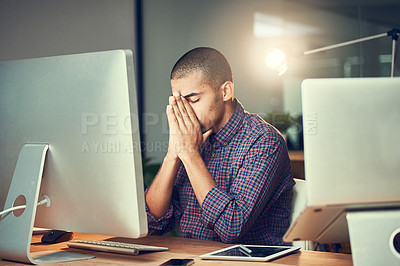 Buy stock photo Night, business and man with headache, computer or graphic designer with burnout or overworked. Person, evening or employee with pc or migraine with pain or brain fog with fatigue, exhausted or tired