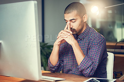 Buy stock photo Night, employee and man with headache, computer and graphic designer with anxiety and tired. Person, evening or exhausted with pc and migraine with pain and brain fog with fatigue, stress and burnout