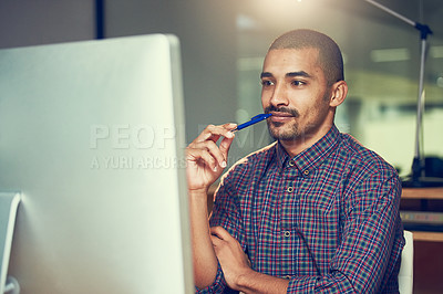 Buy stock photo Thinking, computer and business man with idea, planning or problem solving at night on deadline. Pc, inspiration and creative professional reading email, solution or decision of designer in startup