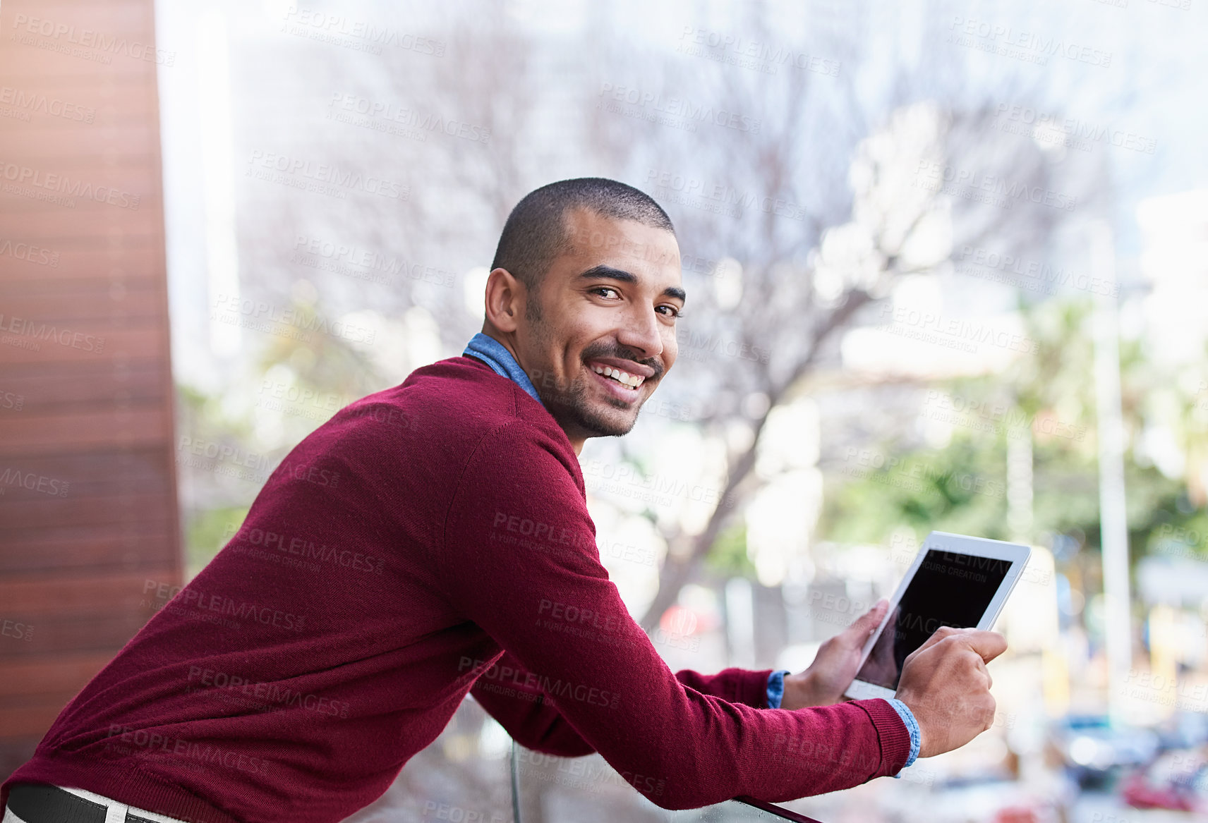 Buy stock photo Balcony, portrait and man with tablet reading website review, online report or article for business opportunity. Networking, communication and businessman with digital app checking email at office