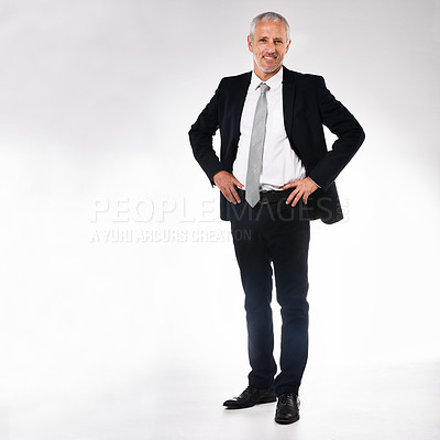 Buy stock photo Business, studio and portrait of mature man with confidence, smile and professional project manager. Mockup, space and businessman CEO on white background with pride, opportunity and corporate career