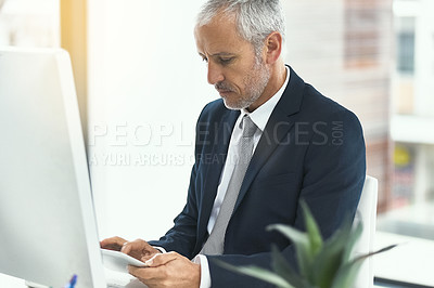 Buy stock photo Mature man, office and browsing tablet for internet research, online and information as lawyer. Entrepreneur, desk and computer for connection, networking and legal advice or company growth as ceo