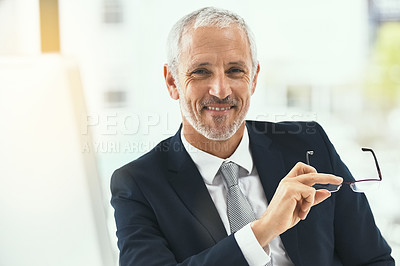 Buy stock photo Senior man, portrait and smile in office confident, happy and empowered on white background. Face, confidence and elderly male CEO cheerful with glasses, proud and satisfied with his corporate career