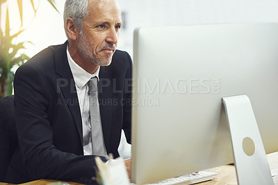 Buy stock photo Computer, management and experienced business man at desk in office as CEO of corporate company. Desktop, job and work with mature boss or manager at table in professional workplace for online report
