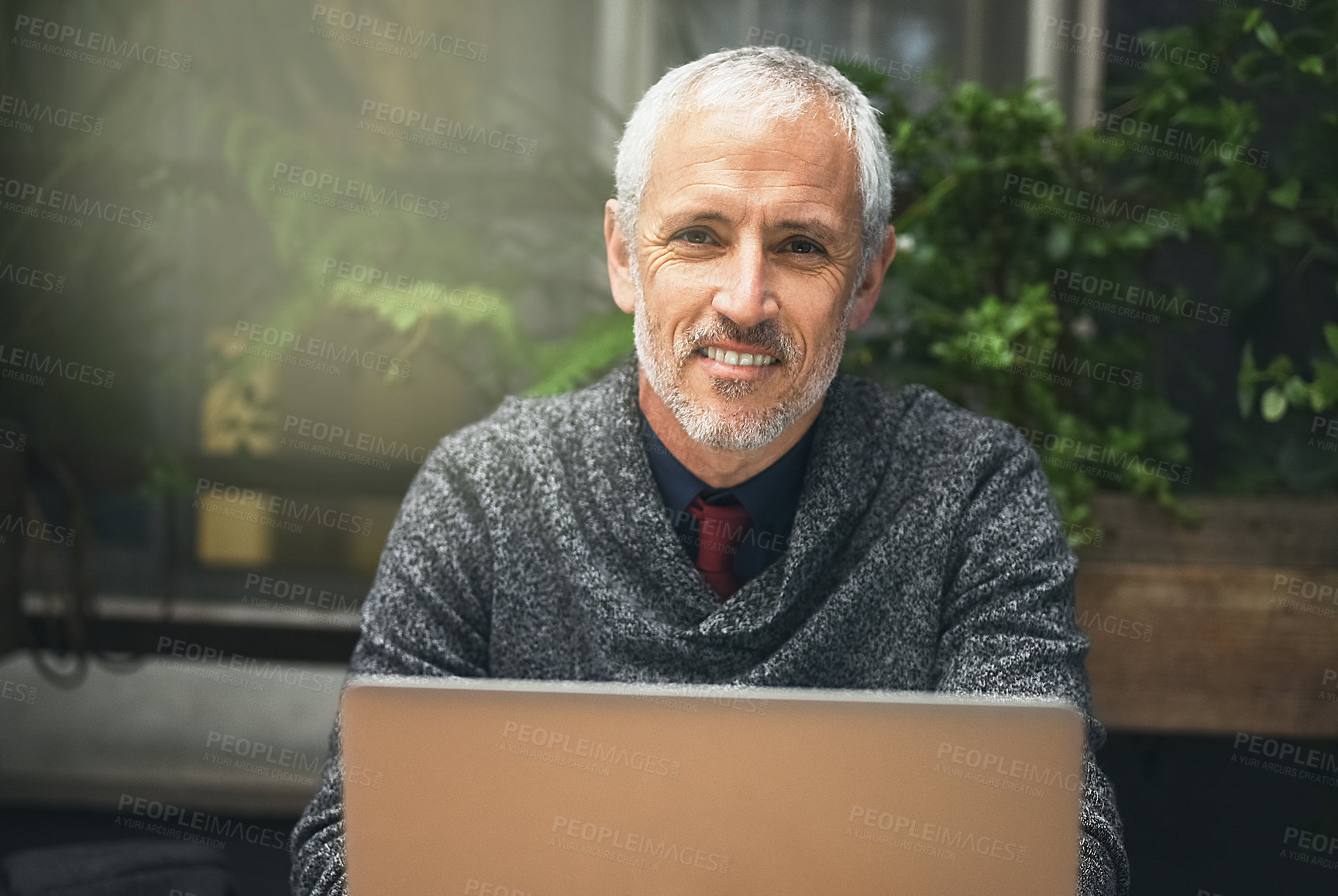 Buy stock photo Portrait, senior or businessman with laptop in cafe for remote work, tea break or online meeting. Mature, person or entrepreneur happy at coffee shop for planning, networking and internet connection