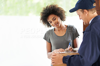 Buy stock photo Courier, signature and delivery box with woman and package with a smile from shipping order. House, happy and shipment with man giving a cardboard parcel from moving company with mockup space