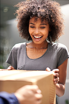 Buy stock photo Happy customer, delivery and giving cardboard box while excited for courier service. African woman outdoor to collect a package from shipping, cargo or logistics worker with a smile at home