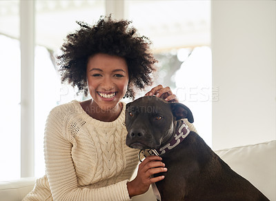 Buy stock photo Portrait of an attractive young woman petting her dog while sitting on the sofa at home