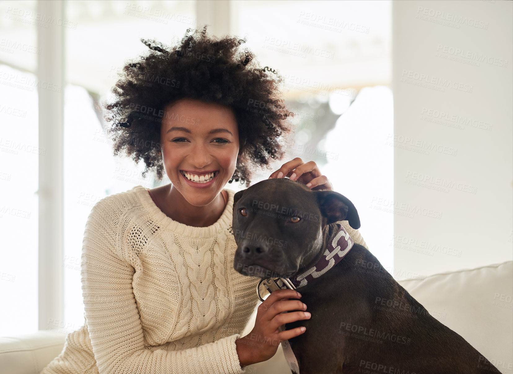 Buy stock photo Portrait of an attractive young woman petting her dog while sitting on the sofa at home
