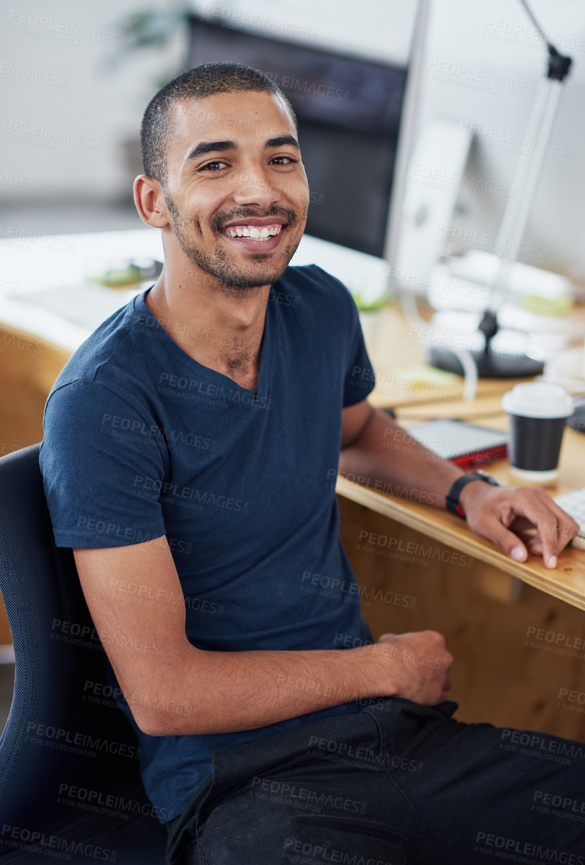 Buy stock photo Happy, office and portrait of creative man at desk with project for company in Brazil. Excited, employee and person with a smile for productivity, process or planning a development in workplace
