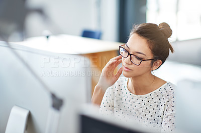 Buy stock photo Focus, computer and business woman in office for research, website and designer. Thinking, entrepreneur and creative with female employee in digital agency for technology, professional and startup