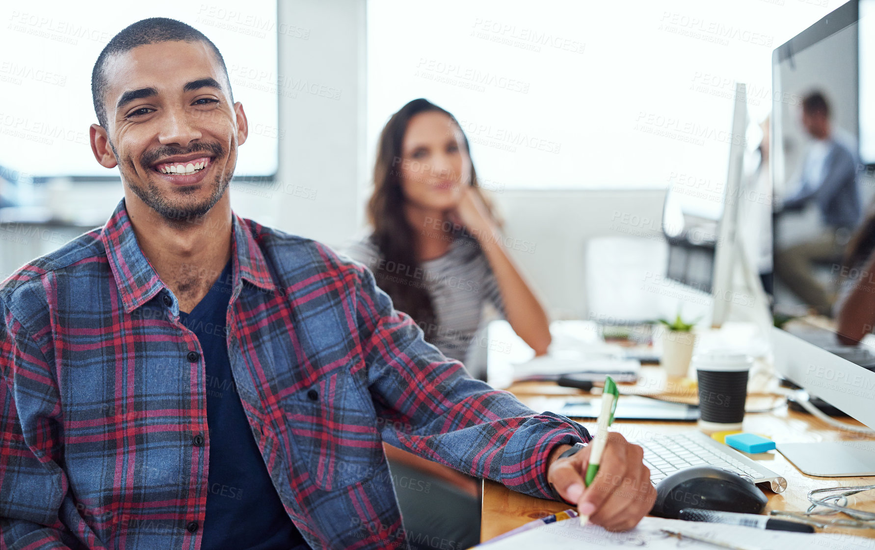 Buy stock photo Happy, coworking and portrait of man in office with people for creative project in Brazil company. Excited, employee and person smile for collaboration with productivity or planning teamwork in notes