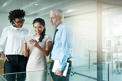 Buy stock photo Business team, tablet and collaboration or planning in the office for communication, collaboration or progress report. People, notebook and meeting in workplace for teamwork, partnership or diversity