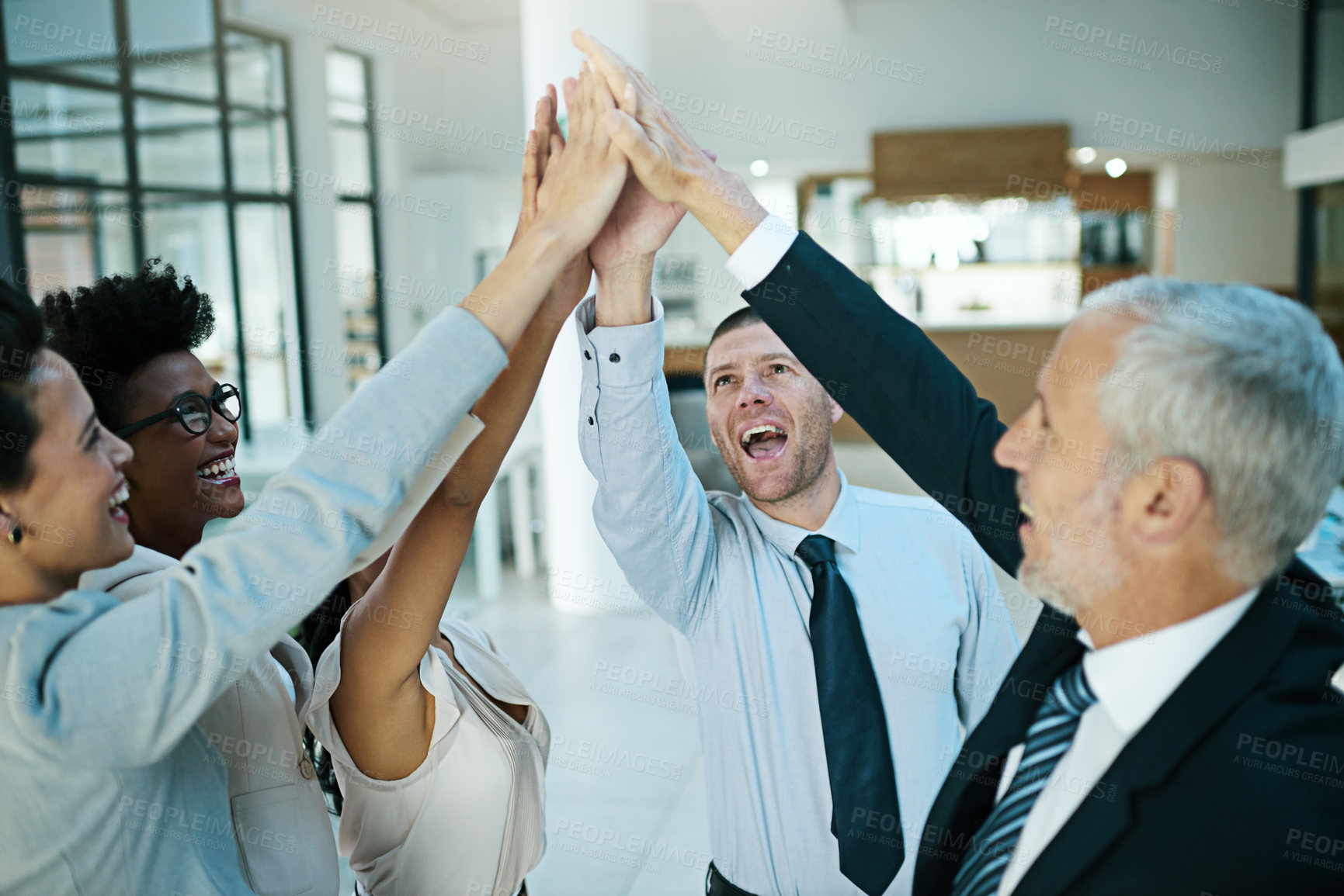 Buy stock photo Business people, high five and hands for celebration, teamwork, and collaboration for success of work goal. Diverse, team and happiness with meeting, motivation and victory from company challenge