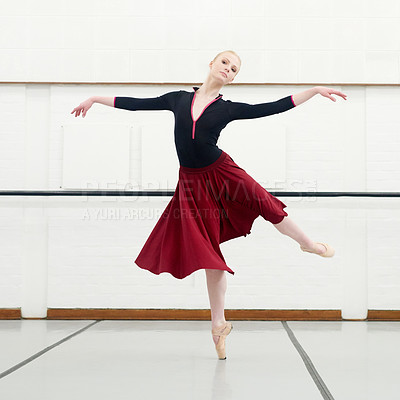 Buy stock photo Woman, ballet and dancing in studio for fitness, exercise and training for performance or show. Young female ballerina, rehearsal and elegant at school of art for recital, jump and flexibility 