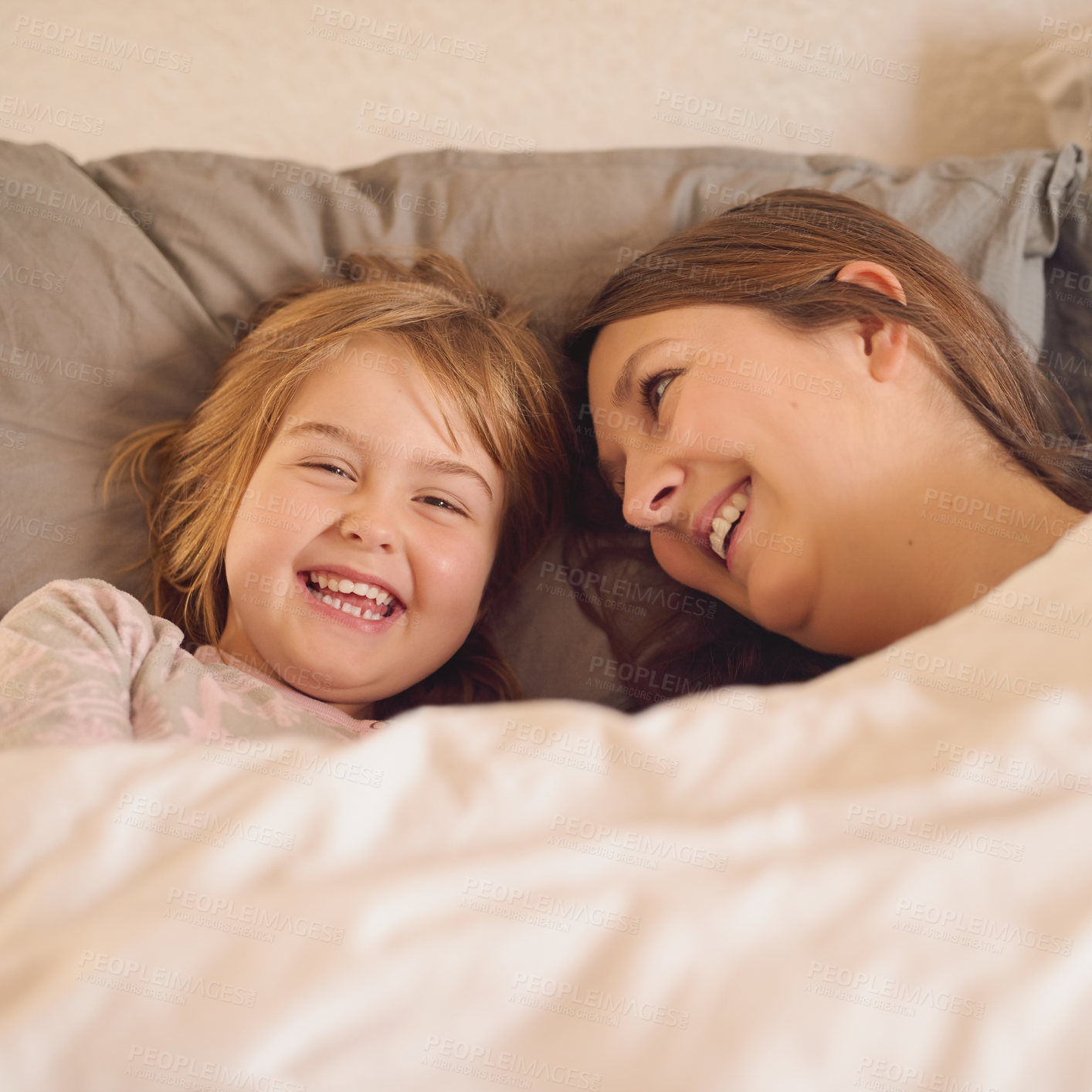 Buy stock photo Portrait, mother and child laughing in bedroom, bonding and happy family relax together at home. Face, funny and mom with girl in bed for connection, morning and healthy relationship with parent