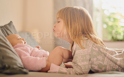 Buy stock photo Family, love and sister kissing baby girl on bed in home together for care, relationship or support. Bedroom, children and youth with sibling kids bonding in apartment for child development or growth