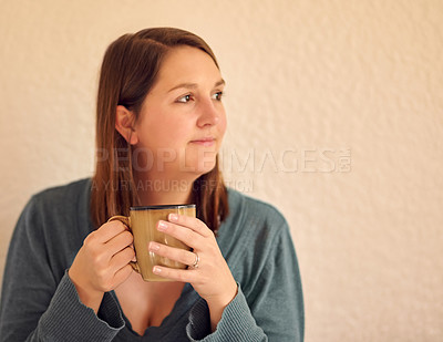 Buy stock photo Thinking, woman and drinking coffee alone for relax, down time and rest in day. Female person, calm and peaceful in lounge with beverage, idea and mindfulness at home while taking a break by wall