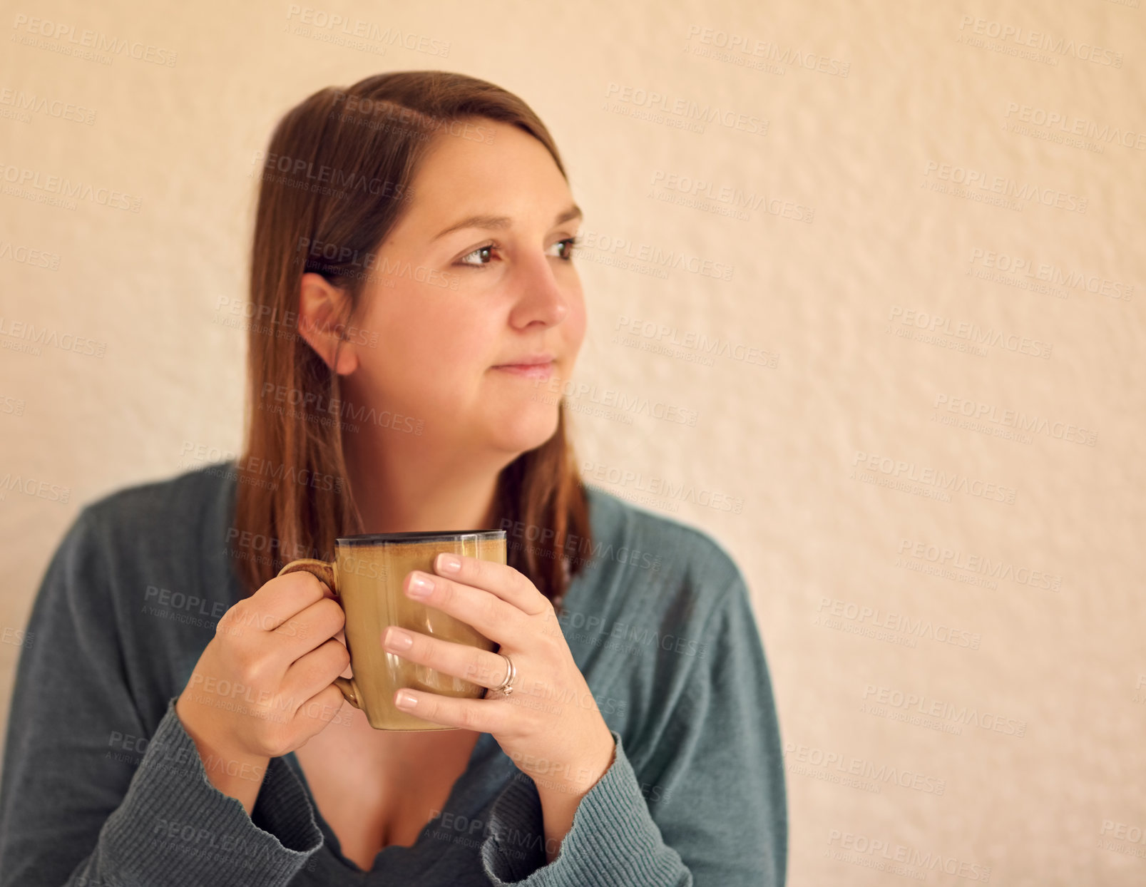 Buy stock photo Thinking, woman and drinking coffee alone for relax, down time and rest in day. Female person, calm and peaceful in lounge with beverage, idea and mindfulness at home while taking a break by wall