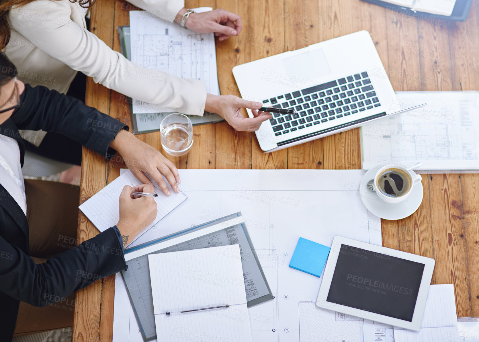 Buy stock photo People, hands and business meeting for planning, strategy and teamwork in boardroom. Laptop, documents and blueprints for building and architecture, company and desk with above angle and design