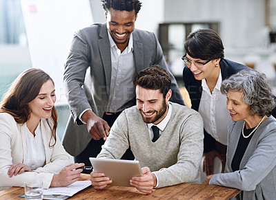 Buy stock photo Teamwork, diversity and tablet with happiness for project review, business meeting and planning. Men, women and technology in office with pride for collaboration, brainstorming and discussion at desk