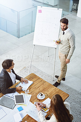 Buy stock photo Above, man and presentation for business people on whiteboard for training, blueprint or ideas in office. Architecture, audience and speaker with proposal, company pitch and clients attention