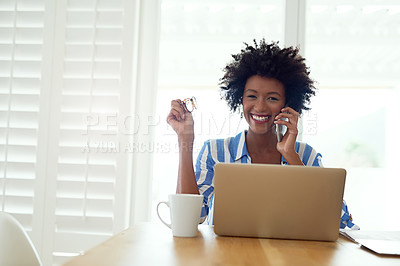 Buy stock photo Black woman, laptop or phone call with portrait in home for career, graphic designer or entrepreneur. Female person, startup or business with computer and mobile for web development or remote work