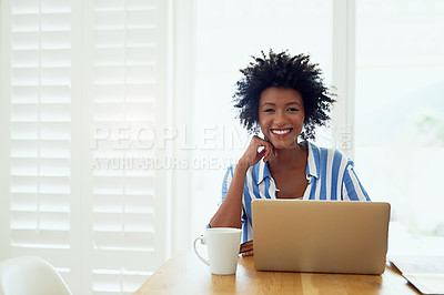 Buy stock photo Portrait, black woman and laptop in house for remote work with online business, entrepreneur and natural light. African female author, tech and drink in home with writing career, website and research