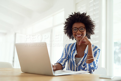 Buy stock photo Portrait, black woman and laptop in house with glasses for remote work, online business and entrepreneur. African female author, tech and eyewear in home with research for writing career and website