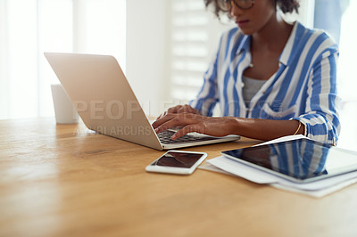 Buy stock photo Woman, laptop and work from home for blog, social media and email in apartment. African female journalist, typing and research for networking, newspaper article and online magazine in Los Angeles 