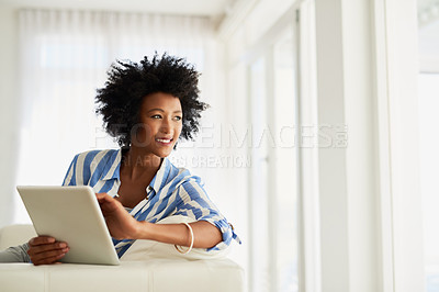Buy stock photo Woman, home and sofa for thinking with tablet, technology and communication or streaming entertainment. Social media, connectivity and relax in living room, idea and web search for information