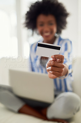 Buy stock photo Hand, credit card and woman on laptop for online banking, purchase and ecommerce in home. Digital, payment or buying and customer on couch, technology or fintech for finance on computer in lounge
