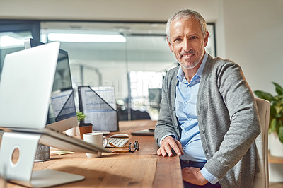 Buy stock photo Mature man, portrait and CEO at desk, computer and check email at desk for communication. Person, entrepreneur and owner of finance firm at workplace, accounting app and website for economy update