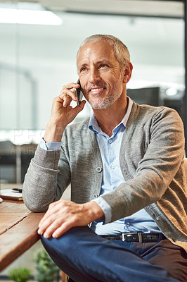 Buy stock photo Mature man, phone call and networking at desk for deal, talking and b2b connection for business planning. Male person, hello and hr manager for career opportunity, contact and speak on app for hiring