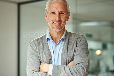 Buy stock photo Creative, office and portrait of mature businessman with arms crossed in confidence as startup CEO, Professional, entrepreneur and man with pride in leadership as business owner in England workplace