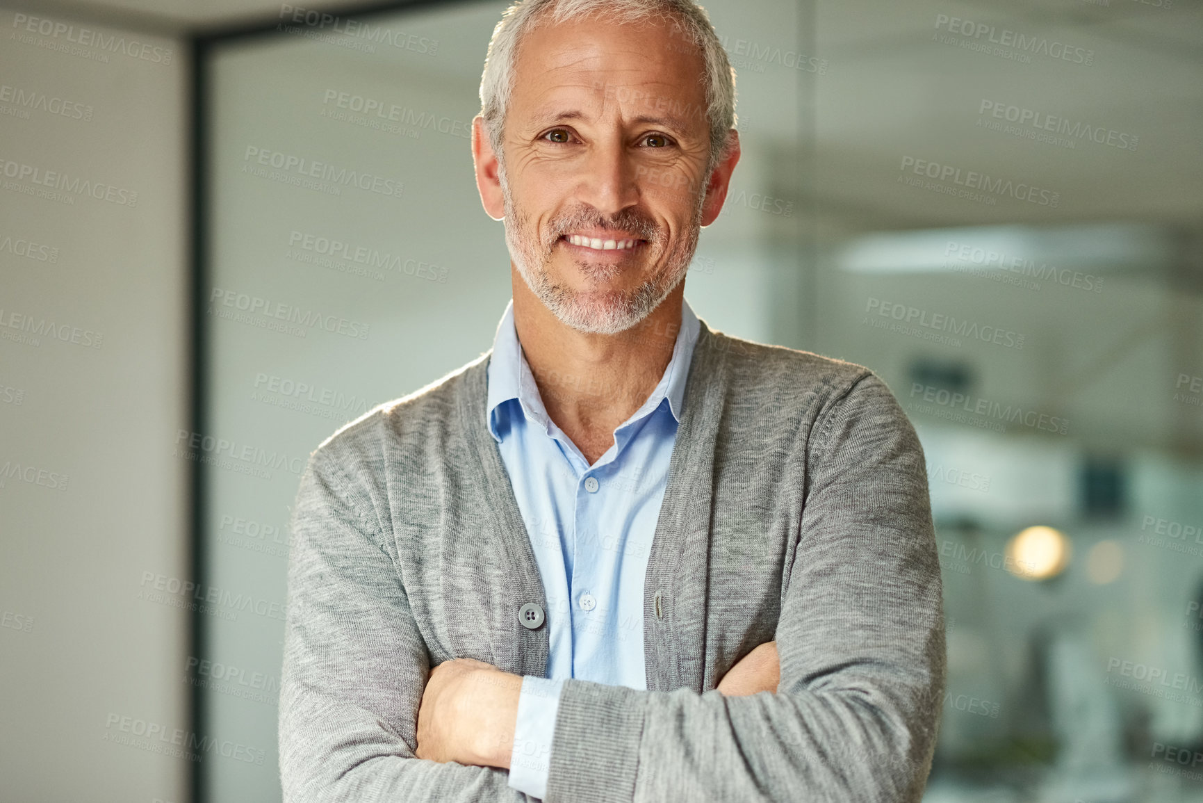 Buy stock photo Creative, office and portrait of mature businessman with arms crossed in confidence as startup CEO, Professional, entrepreneur and man with pride in leadership as business owner in England workplace
