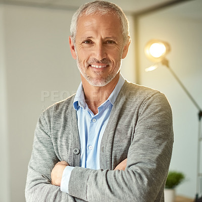 Buy stock photo Mature, businessman and portrait with arms crossed in office with creative web developer in startup. Happy, entrepreneur and man with pride in professional leadership of business or England workplace