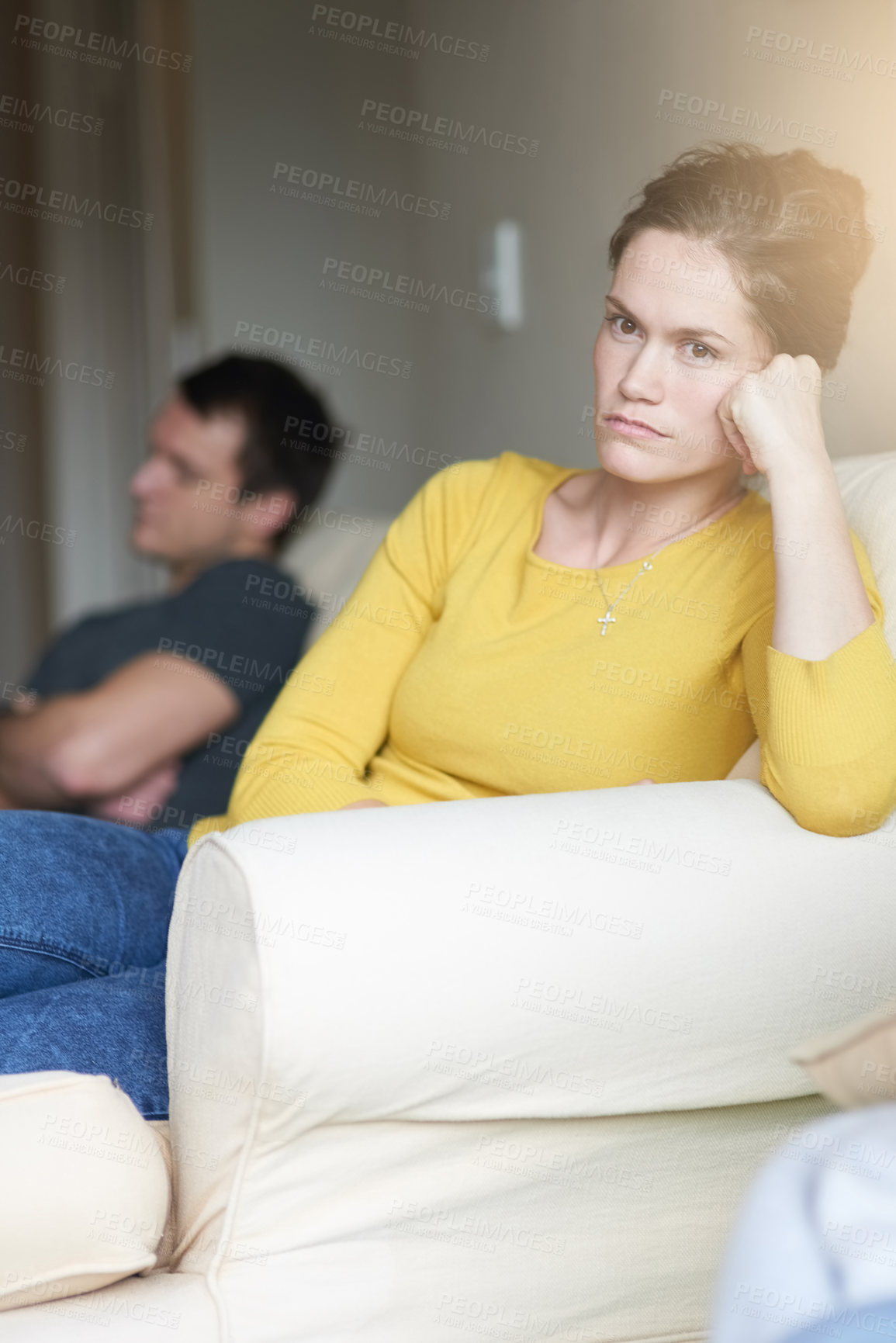 Buy stock photo Stress, portrait and sad couple on sofa in home with anger, argument or fight in living room. Mental health, frustrated woman and man on couch with toxic relationship, divorce or marriage in crisis.