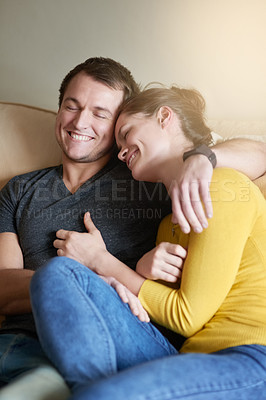 Buy stock photo Couple, hug and relax on couch with love or bonding for romance with affection, security and safety. Man, woman and together in home with care or happiness for comfort, connection and embrace.