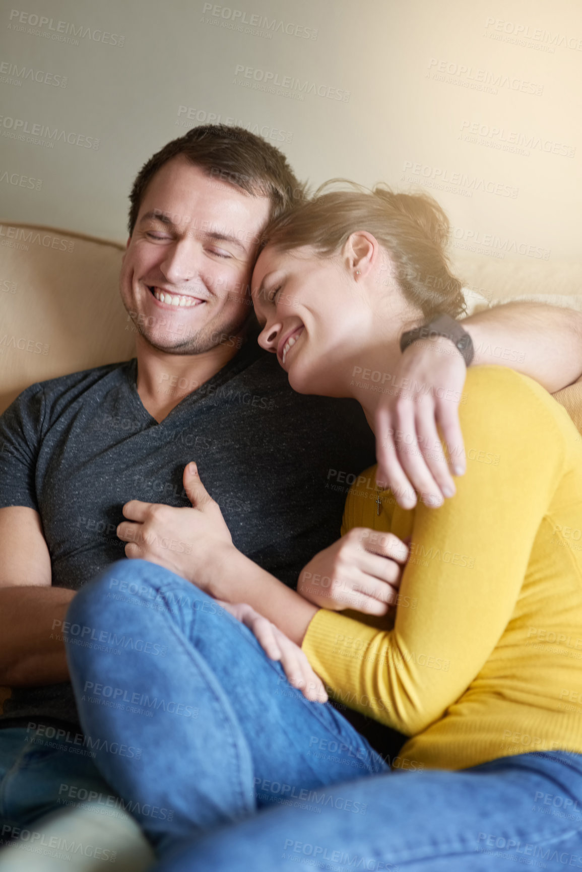 Buy stock photo Couple, hug and relax on couch with love or bonding for romance with affection, security and safety. Man, woman and together in home with care or happiness for comfort, connection and embrace.