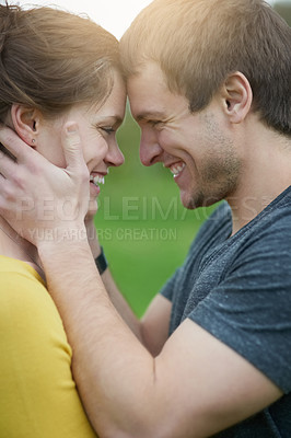 Buy stock photo Love, happy and couple in nature outdoor for countryside vacation, getaway or holiday together. Romance, hug and young man and woman on date for bonding on weekend trip in Australia for travel.