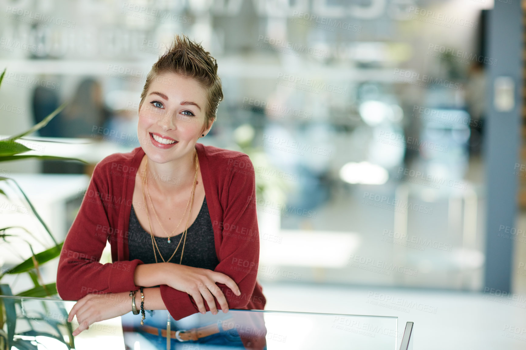 Buy stock photo Portrait of an attractive young businesswoman standing in her office