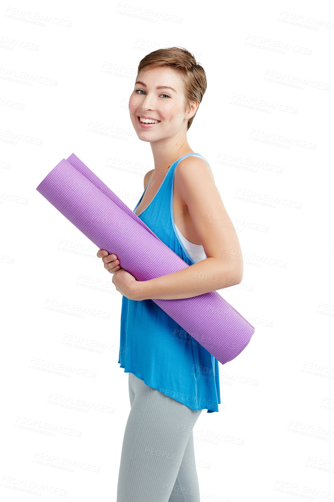 Buy stock photo Portrait, woman or yoga mat for meditation, smile or fitness with girl isolated on white studio background. Face, female yogi or lady with pilates training, workout or exercise for wellness or energy
