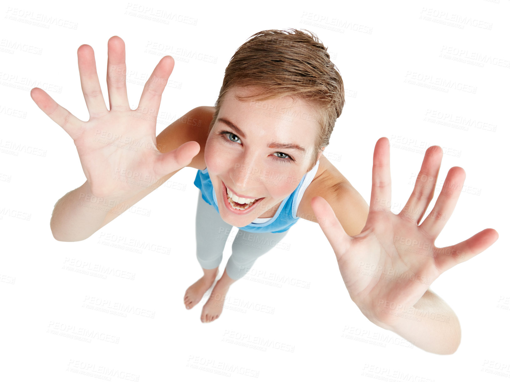 Buy stock photo Top view, hands and portrait of woman with smile on white background for announcement, surprise and deal. Copy space, mockup and face of girl isolated in studio showing palms, hand gesture and sign