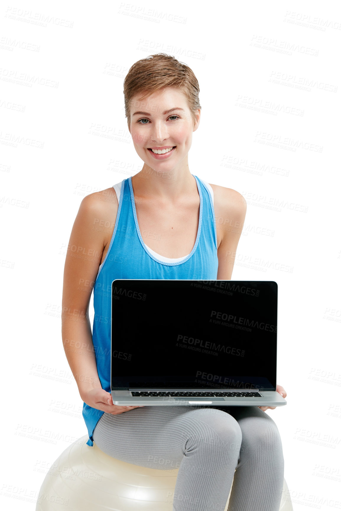 Buy stock photo Blank laptop, fitness and woman isolated on a white background on a balance ball and pc screen mockup. Smile of person portrait with computer mock up space and advertising or product placement studio
