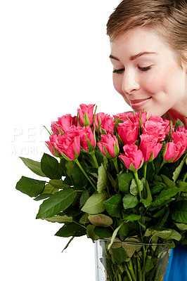 Buy stock photo Woman smelling roses, nature and bouquet with gift for Valentines day, peace and calm isolated on white background. Love, celebration and natural fragrance with present to celebrate holiday