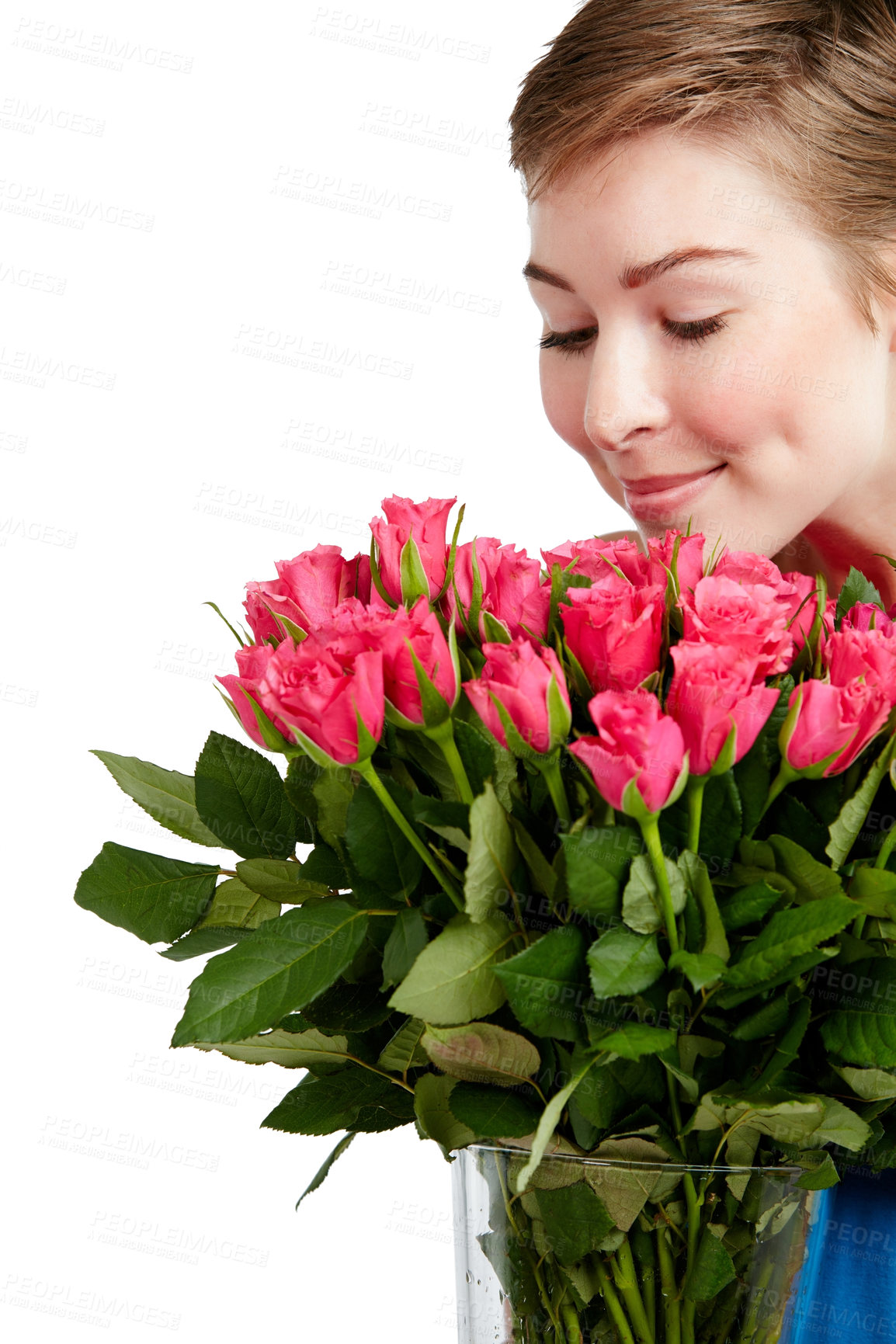 Buy stock photo Woman smelling roses, nature and bouquet with gift for Valentines day, peace and calm isolated on white background. Love, celebration and natural fragrance with present to celebrate holiday