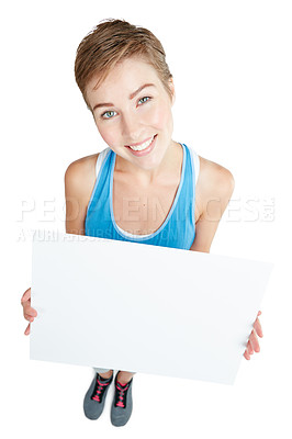 Buy stock photo Announcement, smile and portrait of a woman with a board isolated on a white background in studio. Billboard, branding and girl holding a mockup banner with space for advertising on a backdrop