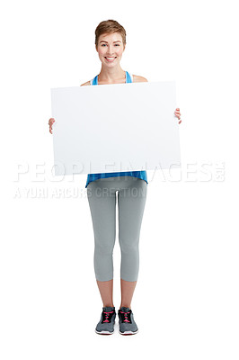Buy stock photo Announcement, news and portrait of a woman with a board isolated on a white background in studio. Billboard, branding and girl holding a blank mockup banner with space for advertising on a backdrop